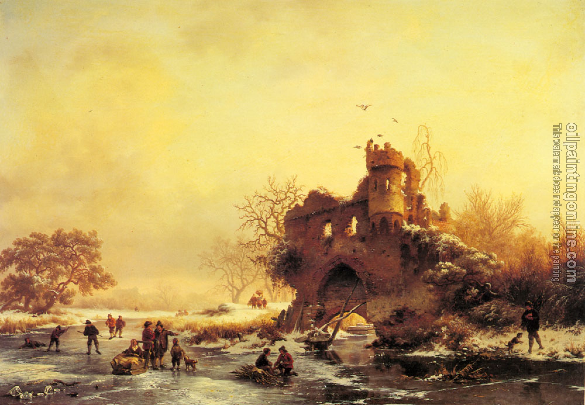 Frederik Marianus Kruseman - Winter Landscape With Skaters On A Frozen River Beside Castle Ruins